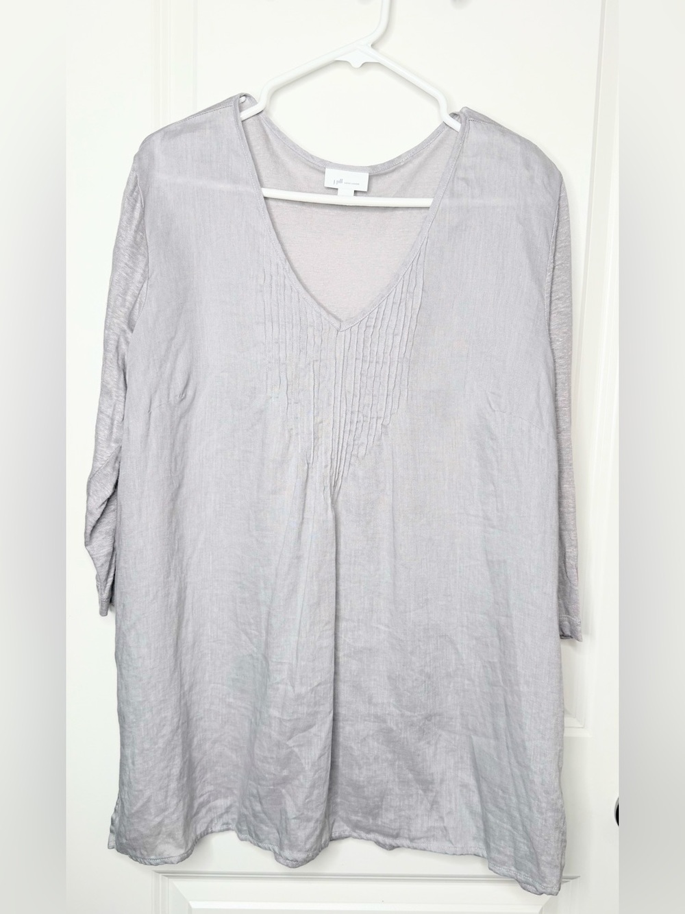J Jill Love Linen XL Gray Linen Tunic Top V Neck Pintuck 3/4 Sleeve Coastal